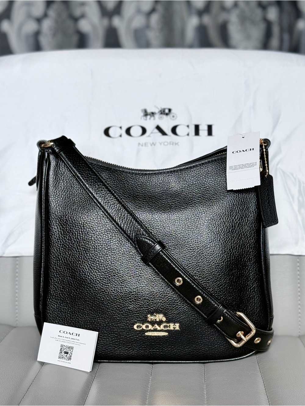 Coach NWT Black Ellie Pebbled Leather Crossbody with Gold Hardware